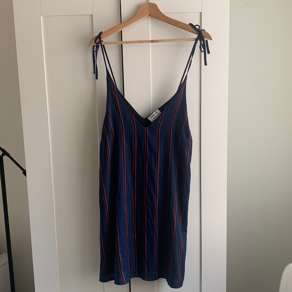 Sam & Lavi Navy Blue satin Striped Tie-Shoulder Slip Dress